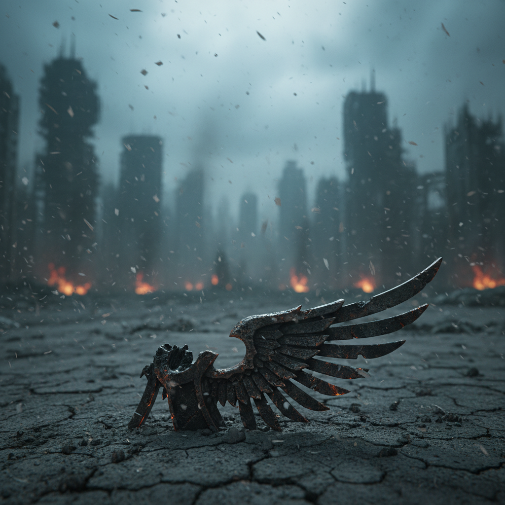 A scorched metal emblem shaped like a stylized burning wing is half-buried in cracked, ash-gray earth, its edges warped and blackened as if torn from battle armor. Around it stretch endless ruins of a once-great city, skeletal high-rises leaning against a smoke-choked sky. Distant fires burn low on the horizon, casting a dull, ember-red glow that mixes with cold, blue overcast light from above. Cinematic, wide-angle composition with the emblem in sharp foreground focus and the devastated skyline fading into a hazy, toxic bokeh. The atmosphere is oppressive and solemn, with drifting ash flakes catching the light like slow, falling snow in a grim, realistic post-apocalyptic style.