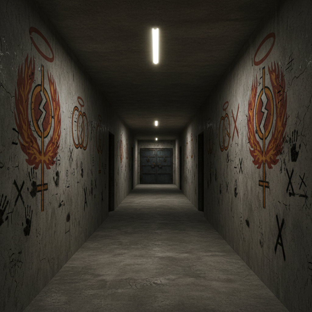 A narrow corridor of a derelict concrete stronghold stretches into darkness, its walls covered in layered propaganda murals depicting stylized flame-wreathed symbols, fractured halos, and rigid geometric halos of obedience. Many are violently defaced with black scorch marks, smeared ash handprints, and crude counter-symbols scratched deep into the paint. Emergency strip lights flicker intermittently along the ceiling, casting stuttering pools of pale light and plunging sections into near-blackness. Cinematic, deep-focus perspective draws the eye down the tunnel, with the nearest wall art in razor-sharp detail and distant doors barely visible as silhouettes. The atmosphere is claustrophobic, haunted by the clash between enforced belief and defiant resistance, rendered in a gritty, hyper-realistic style with a muted, grim color palette dominated by concrete gray, blood rust, and burnt umber.