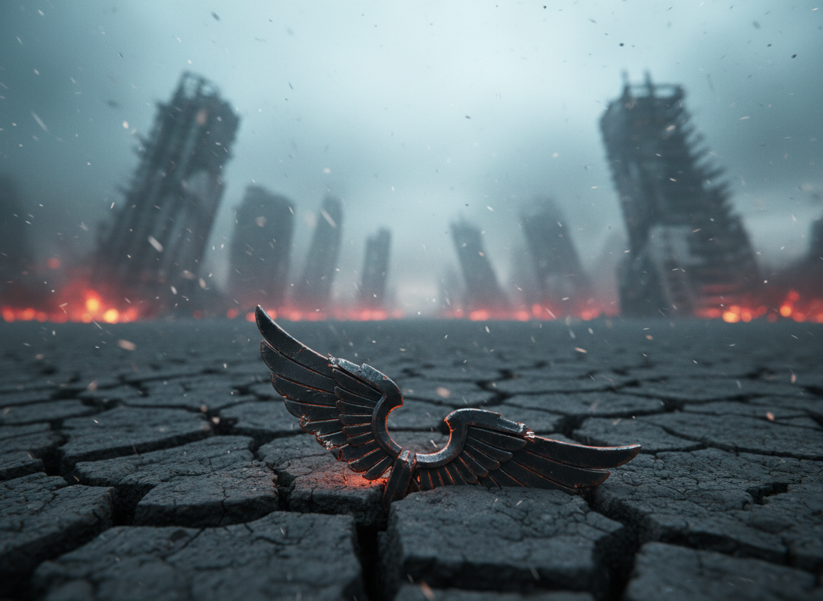 A scorched metal emblem shaped like a stylized burning wing is half-buried in cracked, ash-gray earth, its edges warped and blackened as if torn from battle armor. Around it stretch endless ruins of a once-great city, skeletal high-rises leaning against a smoke-choked sky. Distant fires burn low on the horizon, casting a dull, ember-red glow that mixes with cold, blue overcast light from above. Cinematic, wide-angle composition with the emblem in sharp foreground focus and the devastated skyline fading into a hazy, toxic bokeh. The atmosphere is oppressive and solemn, with drifting ash flakes catching the light like slow, falling snow in a grim, realistic post-apocalyptic style.