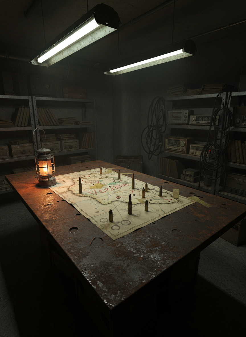 A rusted military command table stands in the center of a dim underground bunker, its metal surface scarred by knife marks and burn rings. Spread across it is a ragged, hand-drawn map of a fractured country, stitched together with taped scraps and punctured by mismatched bullets and spent casings used as markers. Faded, flickering fluorescent strips overhead cast sickly green light, while a single battery-powered lantern adds a warm, localized glow, creating deep shadows at the corners of the room. Cinematic, eye-level framing, with the map dominating the frame and blurred shelves of worn field manuals, cracked radios, and tangled cables receding into darkness. The mood is tense and clandestine, evoking a desperate resistance planning its next move.